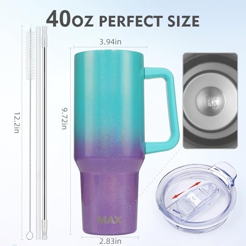 MaxBase 40 oz Tumbler with Handle and Straw Lid, Insulated Reusable Stainless Steel Travel Mug Keeps Drinks Cold up to 34 Hours, 100% Leakproof Bottle for Water, Iced Tea or Coffee, Smoothie and More