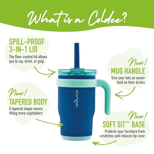 REDUCE 14 oz Coldee Tumbler with Handle for Kids Leakproof Insulated Stainless Steel Mug with Lid & Spill-Proof Straw, Keeps Drinks Cold up to 18 Hrs, Nautical Mist