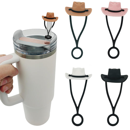 HomDsg 4 Pack Silicone Cowboy Hat Straw Covers Cap Compatible with Stanley Cup 30 40 oz, Cute Funny Tumbler Straw Topper Accessories for Man & Woman Gift